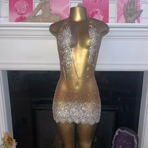 Evelyn Moda XS/S Swarovsky and Silver Crystal Backless Mini Dress